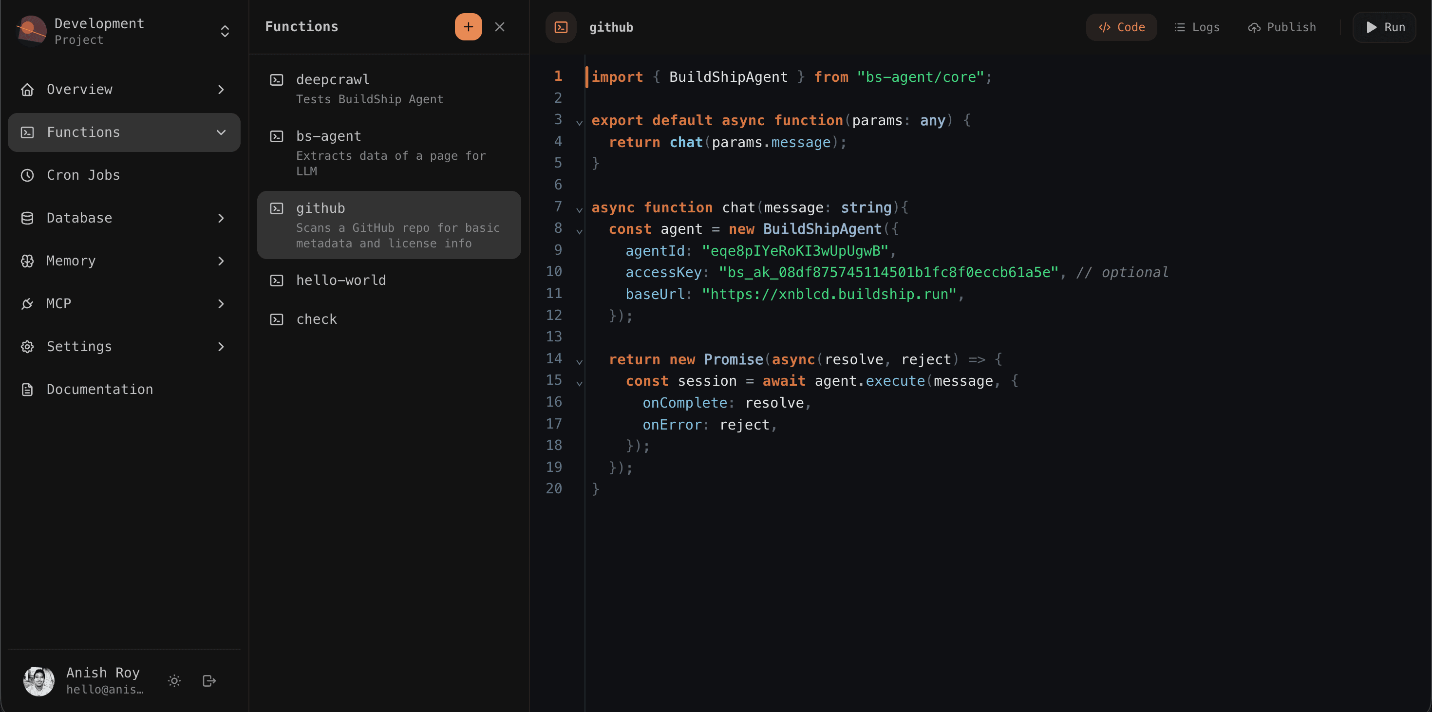 Fungai application dashboard showing code editor, functions sidebar, and project management